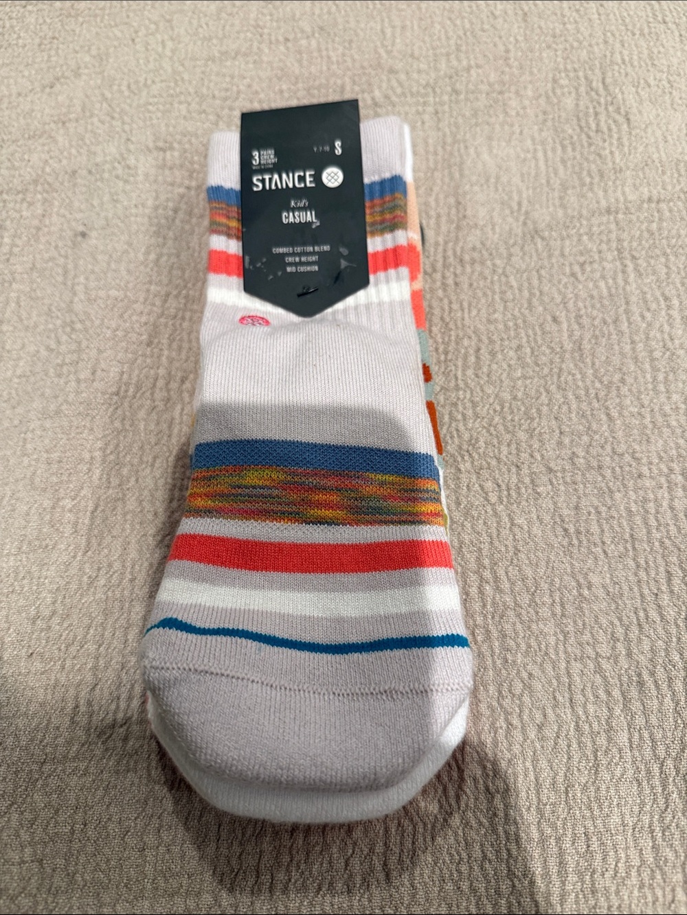 Stance Kids Casual Crew Socks - White with Blue, Red, Orange & Gray Stripes